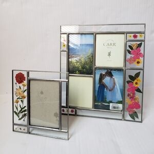 Set 2 Vtg 90s Leaded Stained Glass Pressed Dried Flowers Picture Frame 3.5x5